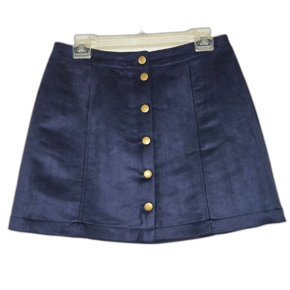 Navy Blue Faux Suede Button-Front Mini Skirt – Size Medium